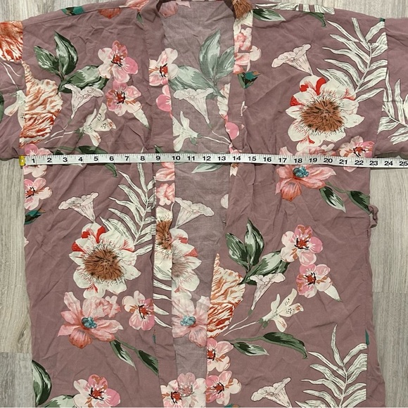 3/4 Sleeve Rayon Floral Open Shawl Beach Cover Up Robe Fringe Trim Size L/OS - Picture 3 of 6